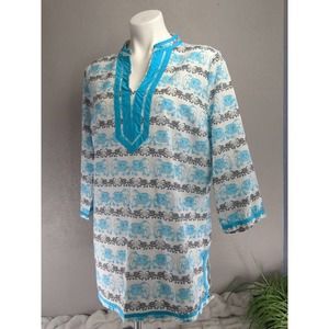 Crown & Ivy Tunic Womens Large Blue Blouse 3/4 Sleeve Top Beach Elephant Cruise